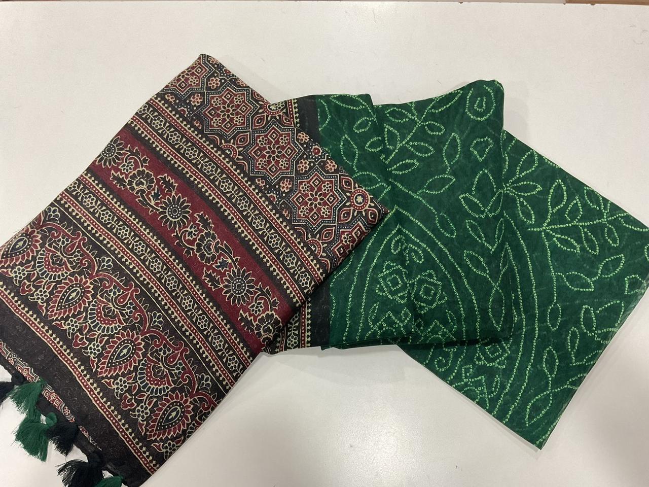 Linen Digital Print Saree With Ajrakh Print Pallu And Bandhani Print Cotton Saree